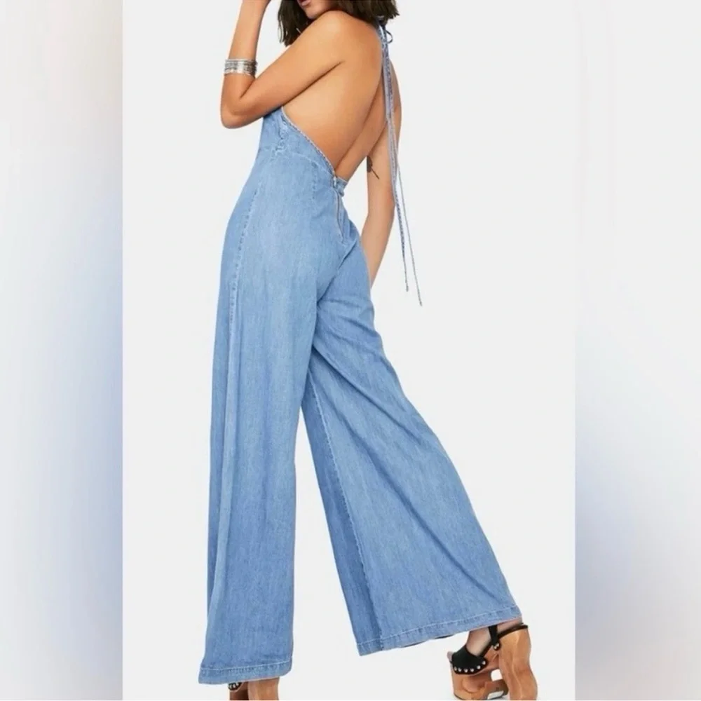 Free People Light Blue Denim Halter Jumpsuit
